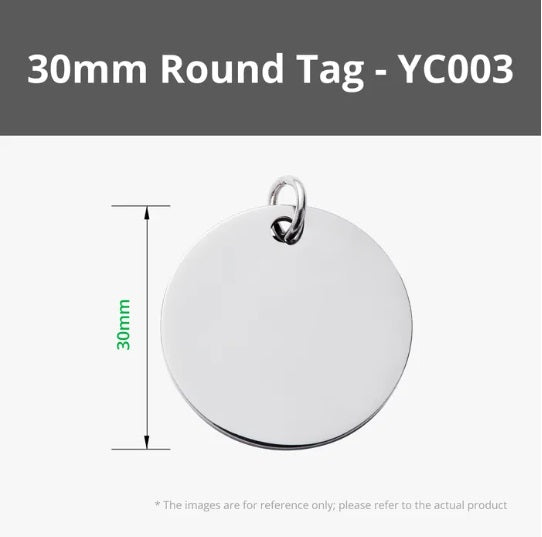 30mm round tag with dimensions on a gray background
