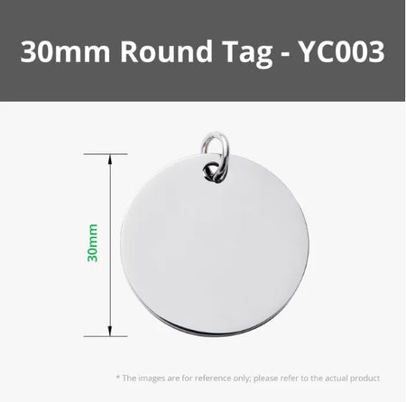 30mm round tag with dimensions on a gray background