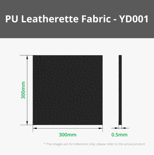 Black PU leatherette fabric sample with dimensions on a white background