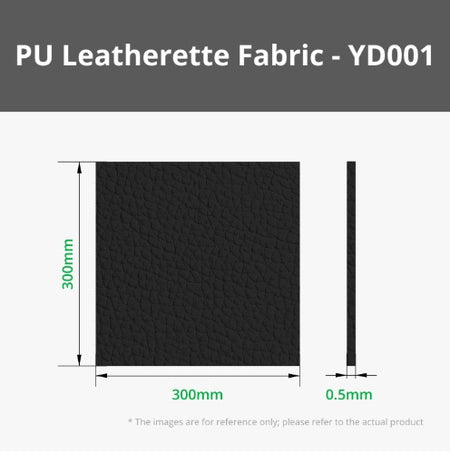 Black PU leatherette fabric sample with dimensions on a white background