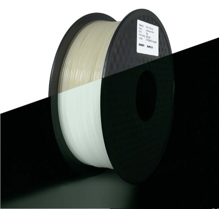 Spool of filament with a label on a black background