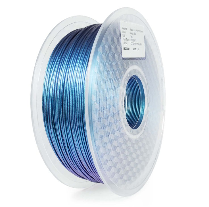 Spool of blue filament on a white background