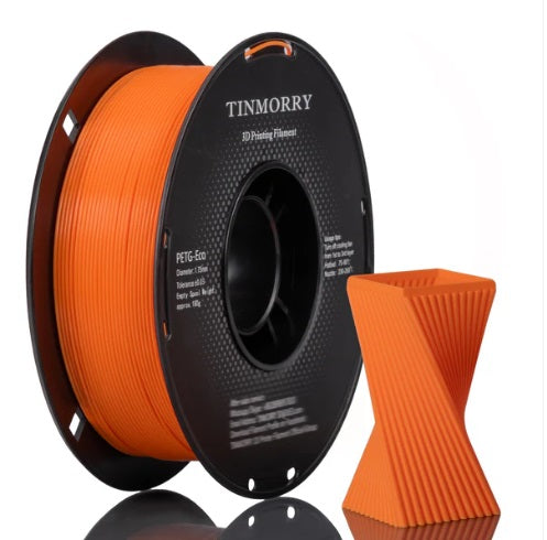 Spool of orange 3D printing filament with a printed object on a white background, featuring the brand 'TINMORRY'.