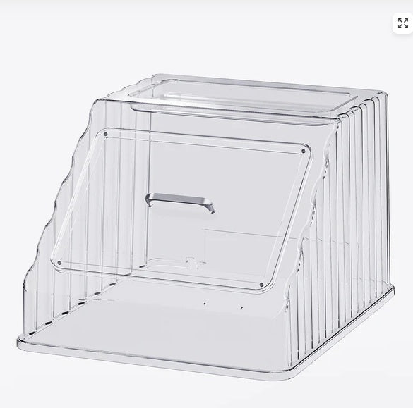Clear plastic display shelf with a hinged front door and built-in handle, shown on a plain light gray background.