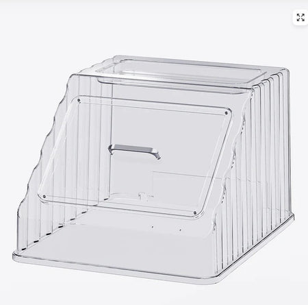 Clear plastic display shelf with a hinged front door and built-in handle, shown on a plain light gray background.