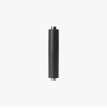 Black cylindrical object on a white background