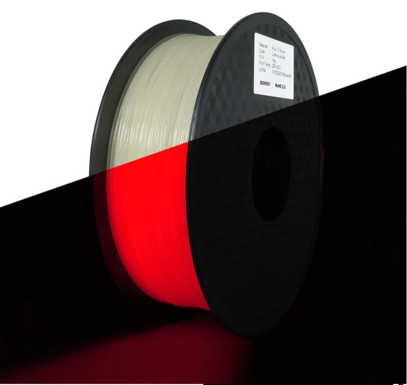 Spool of filament with a red stripe on a black and white background