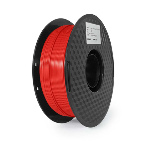 Spool of red filament on a white background