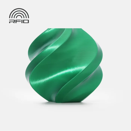 Green metallic object with RFID logo on a light gray background