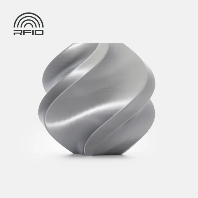Silver spiral-shaped object with 'RFID' branding on a white background