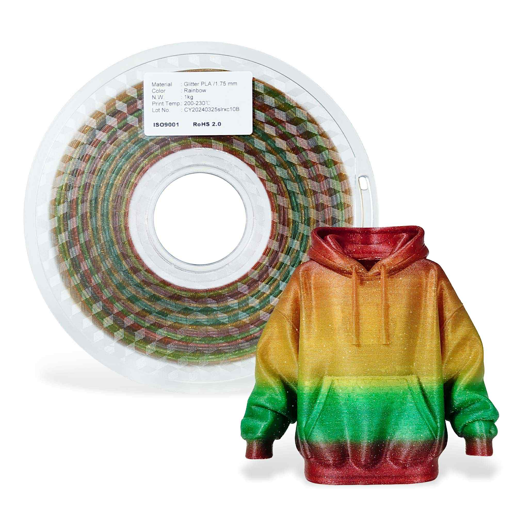 Colorful hoodie with a spool of filament on a white background