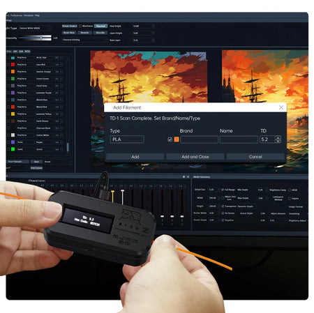Person using a device with a screen displaying a software interface for scanning and analyzing material type.