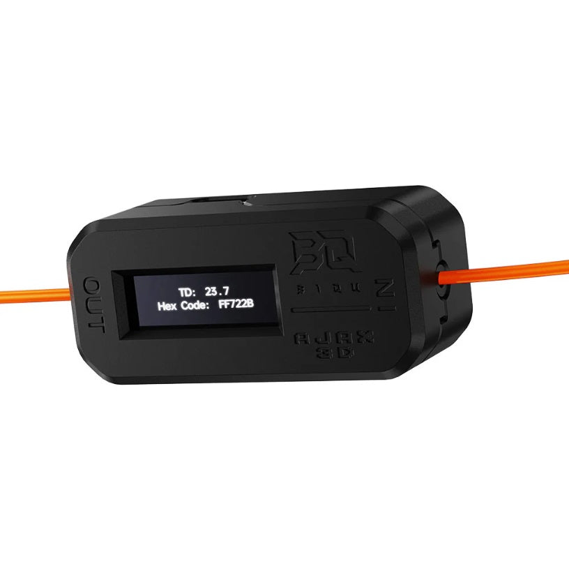 Black electronic device with digital display and orange wires on a white background