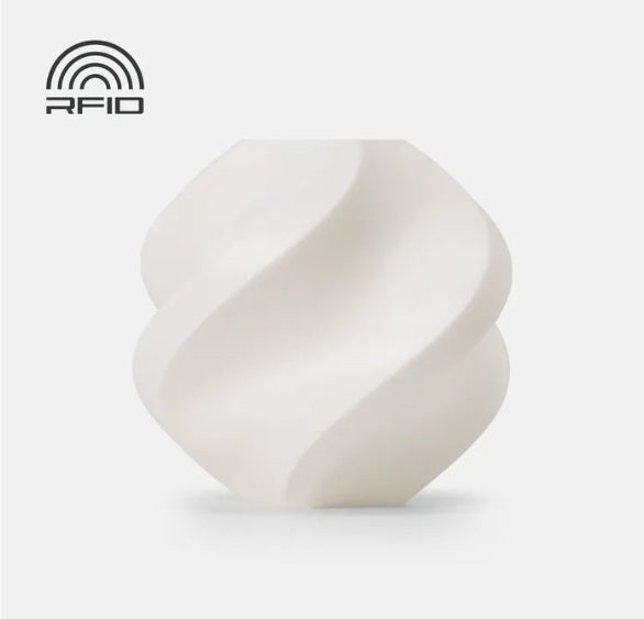 White ceramic vase with wavy design made of TPU on a light gray background, featuring the RFID logo.